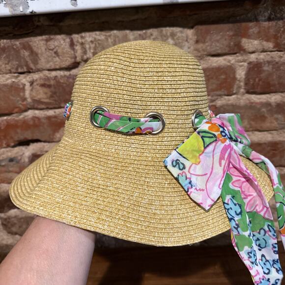 Lilly Pulitzer Straw Hat W/ Scarf Gold Grommets Target Collab WHLP01 So Pretty!! - Picture 5 of 6